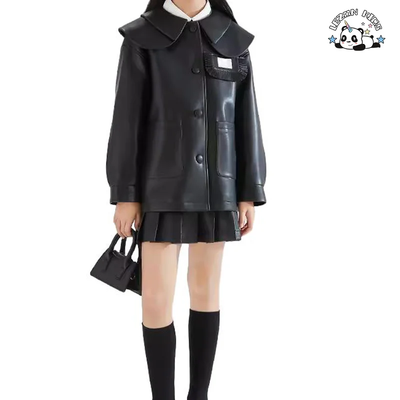 LEZONKIDS - Conjunto de couro de gola de boneca de alta qualidade para meninas, conjunto de saia de couro plissada de duas peças
